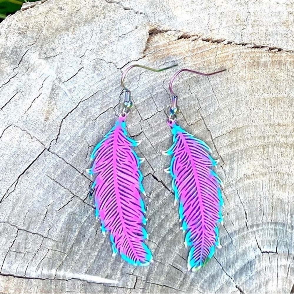 Iridescent rainbow feather stainless steel earrings